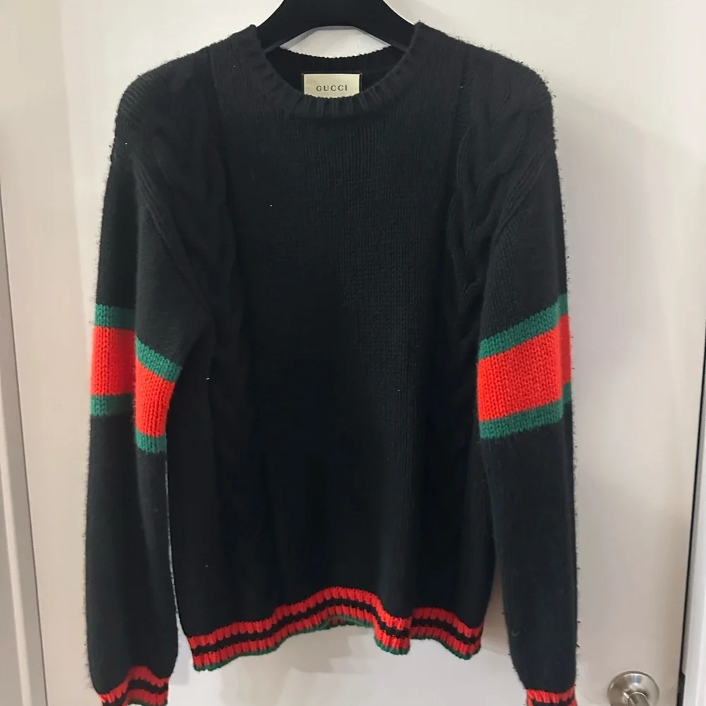 Gucci Men Black Web Striped Wool Cable Knit - Small (oversized)